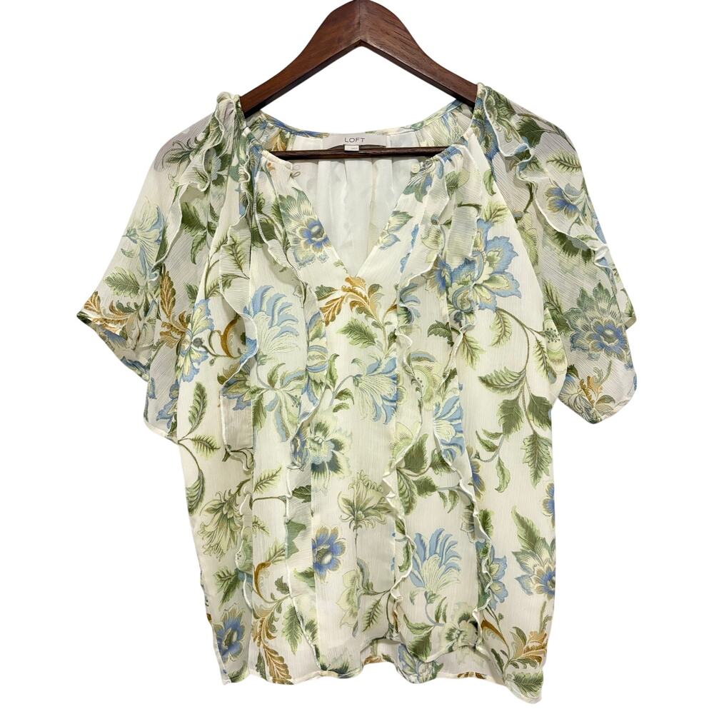 LOFT Floral Ruffle Blouse Medium Blue Green Ivory Flutter Sleeve Lined Top